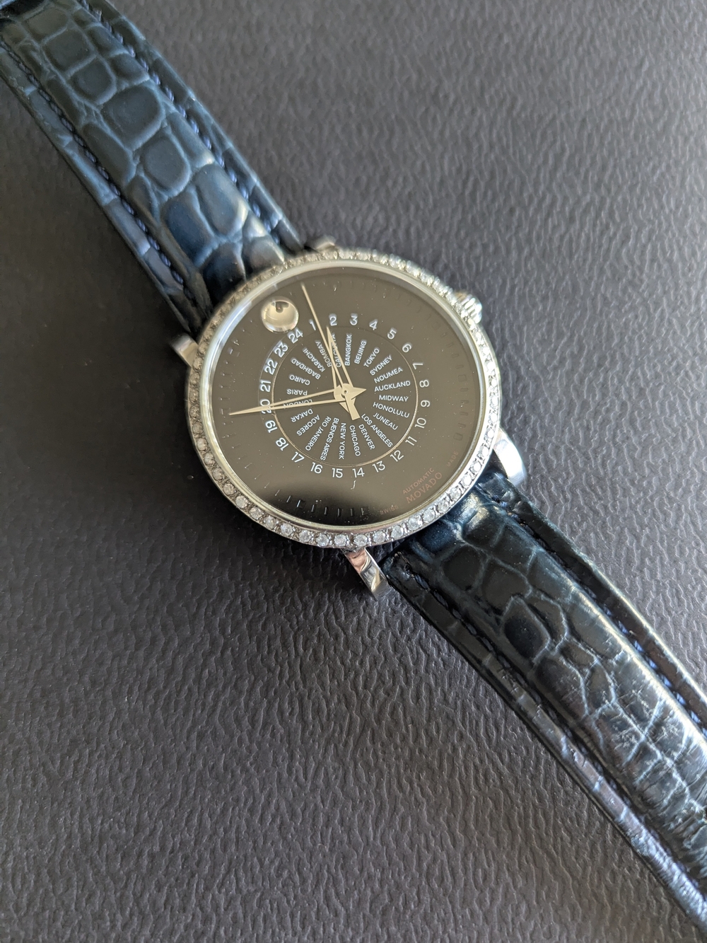 Movado Black Dial Diamond Bezel Watch with Black Strap - Picture 4 of 14